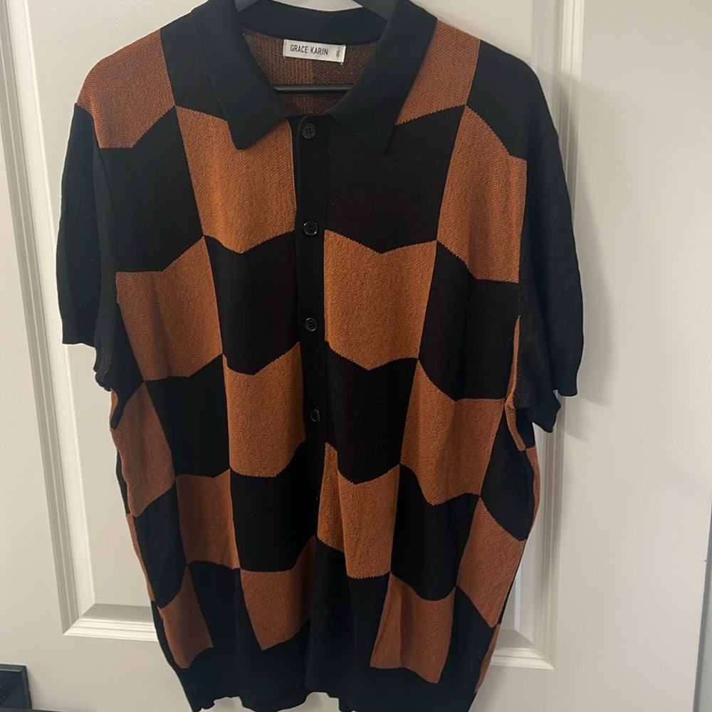 Men's XXL Black & Brown Grace Karin Knit Polo Button-Down Shirt